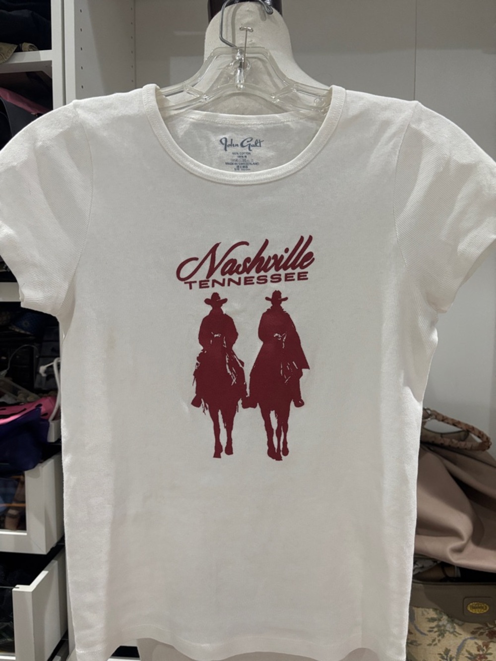 John Galt t-shirt White Nashville Tennessee Graphic Tee with Maroon Print